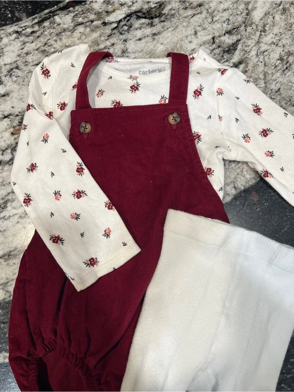 Carter's Burgundy Corduroy Romper with White Floral Tee and Cream Tights